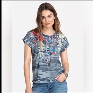 Johnny Was Blue Embroidered Floral Short Sleeve Top